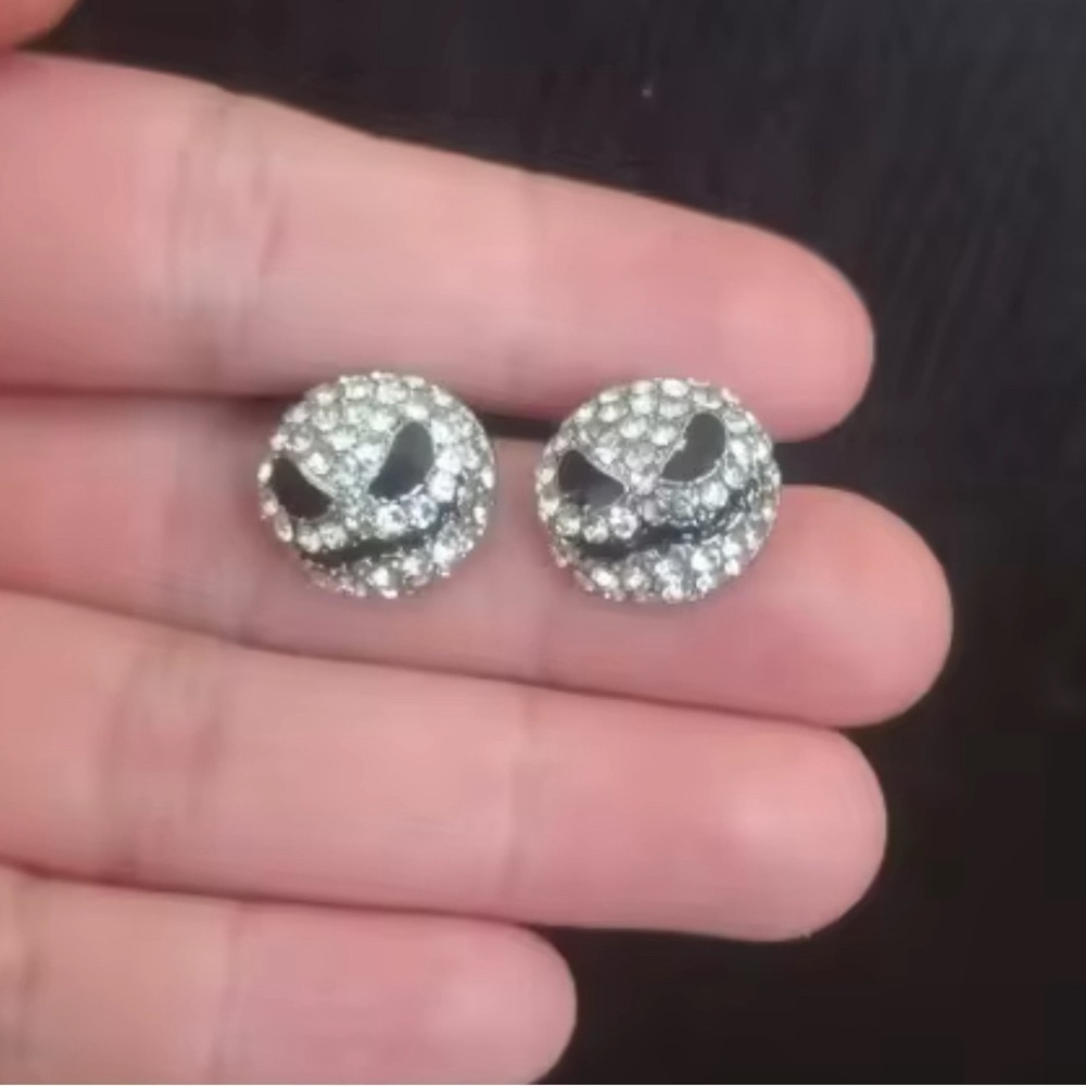 Silver Iced Out Nightmare Before Christmas Jack Skellington Stud Earrings - Picture 6 of 6